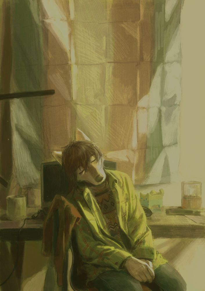 Ploosh falls asleep at their desk with the early morning sun lights up their room