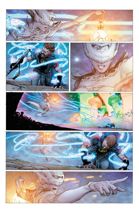 A woman in robes holding up a lantern releases eels made of blue light that attack a man with a rifle, who crawls while being attacked.