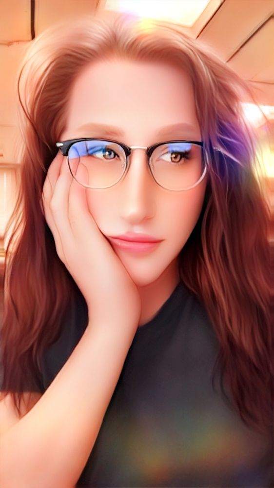 Selfie photo of a person with long purple hair and glasses, with their head in their hand. There is a Snapchat filter over the image that smooths it and makes It slightly cartooned.