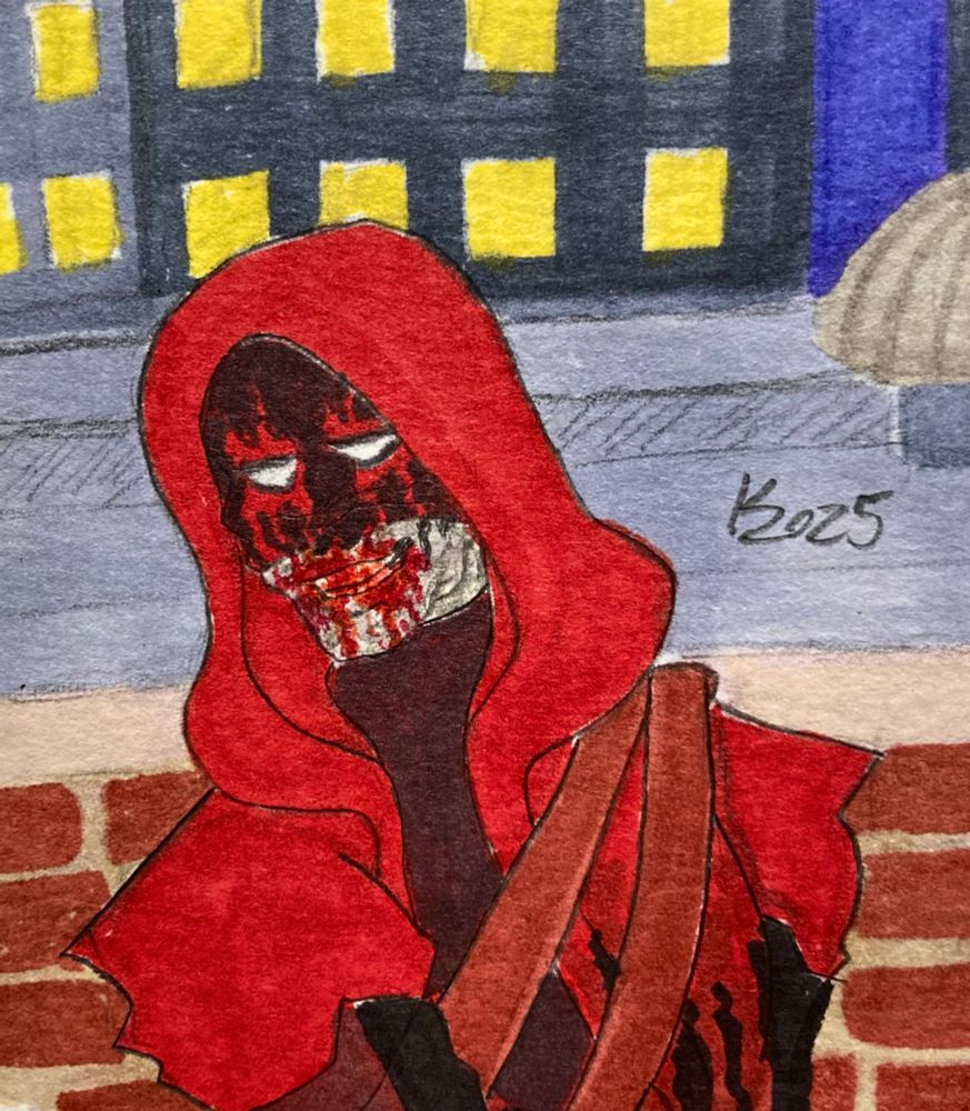 Same image of Bloodlust standing on a rooftop with a devilish grin but blood is added to his face. 