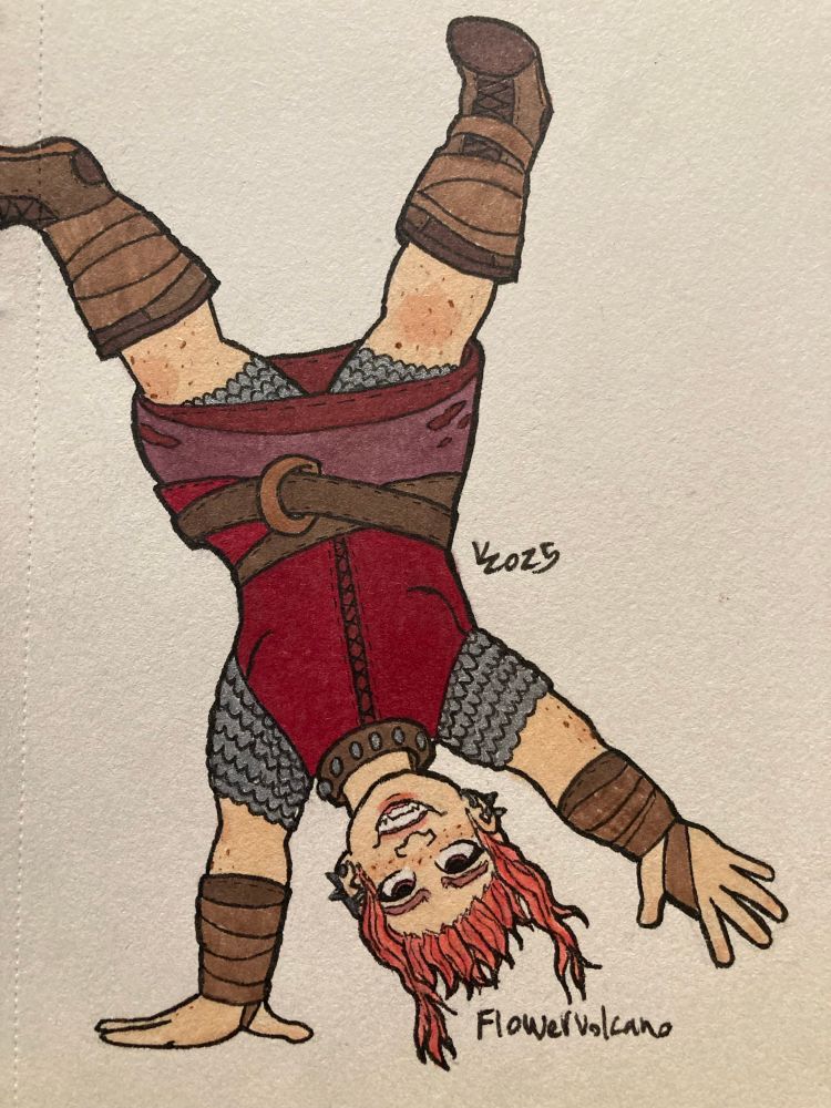 Nimona doing a handstand with a big smile on her face.