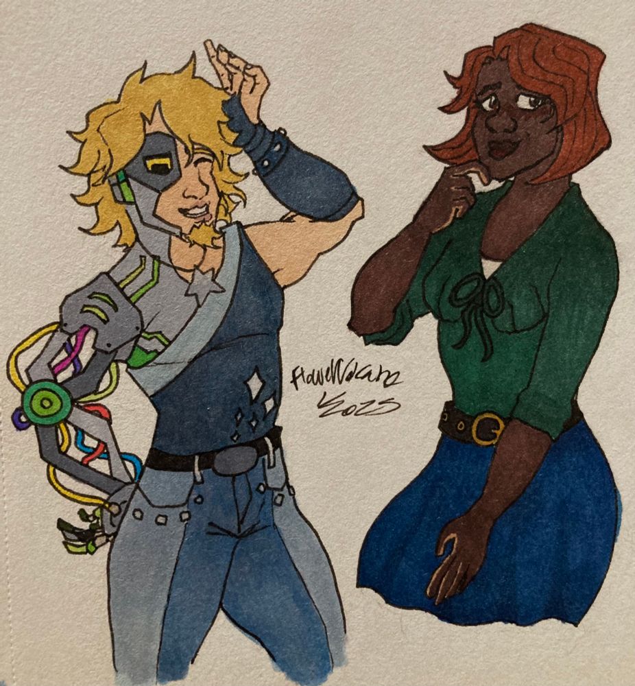 Drawing of my Original Characters William (on the left) and Yolanda (on the right) modeling their outfits. 