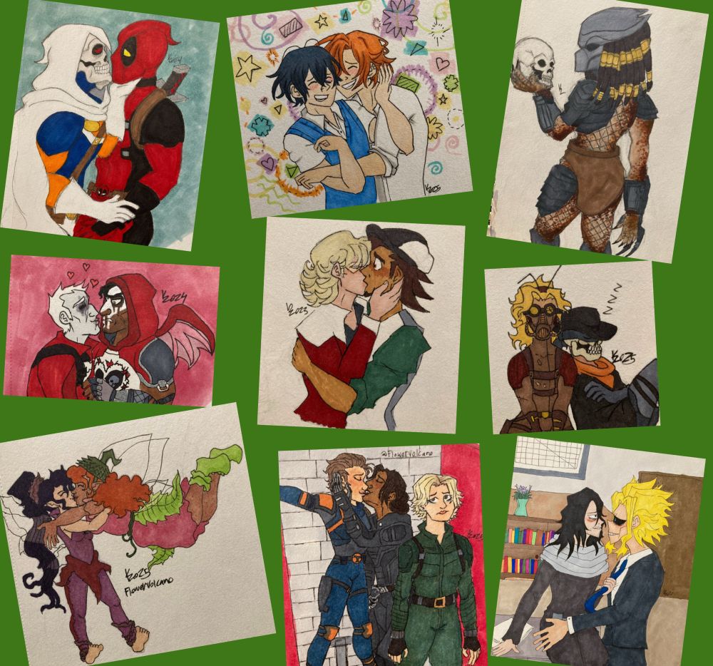 A collage of various art pieces I’ve done from 2021-2025. It features fanart for Taskmaster/Deadpool (Marvel), Sasaki To Miyano, Predator, Reaper/Soldier 76 (Overwatch), Kotetsu/Barnaby (Tiger & Bunny), Roach/Reflexion (My OCS), Vidia/Prilla, Toni/Ava and Yelena (MCU) & Erasermight (My Hero Academia) 