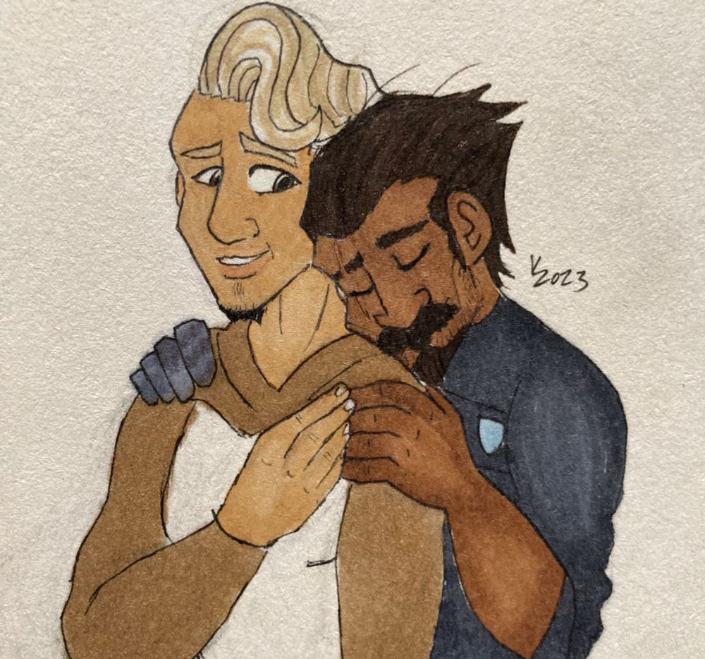 Ballister and Ambrosius, Bal is leaning behind Ambrosius their hands are touching delicately. 