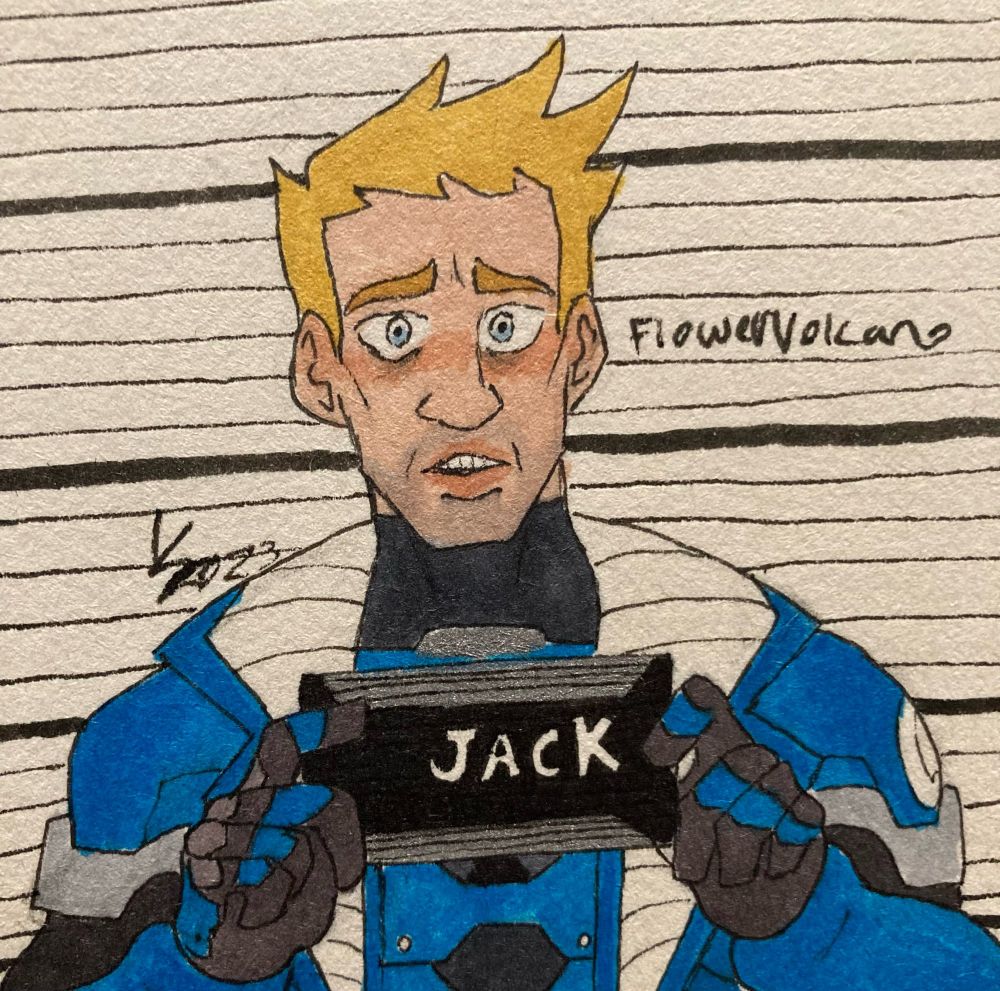 Strike Commander Jack Morrison holding up a sign with his name after getting arrested. His face looks shocked and a bit sad. 