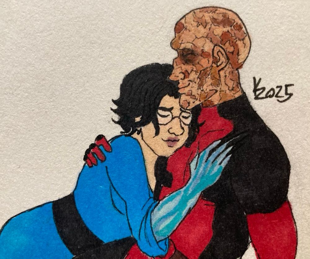 Valentine laying on Deadpool’s chest as he  pulls them closer to himself. 