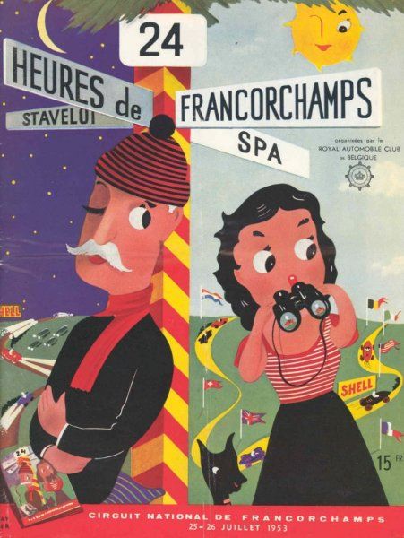 the programme cover for the 1953 24 Hours of Spa. I'm not quite sure how to explain everything that's going on. the cover is drawn in a very charming and of its era cartoon style. there's a man on the left of the page wearing a striped red and black bobble hat and a red scarf, and what I can only describe as the sort of long sleeve black shirt you'd expect a burglar to wear. he also has a white moustache, and has one eye closed. he's leaning up against a red and yellow sign post which reads '24 Heures de Spa Francorchamps' that splits the cover roughly down the middle. behind him in the background is a race track under the night sky. with his open eye he is looking over at the other side of the cover, at a woman who is holding a pair of binoculars and looks mildly shocked by something off the edge of the page. she has shoulder length black hair and is wearing a striped red and white top and a black skirt. behind her there is more of the race track, this time in the daytime. there's also a little black dog at the bottom of the page between the two people. and also the sun in the top right corner has half a face. there's a lot to take in.