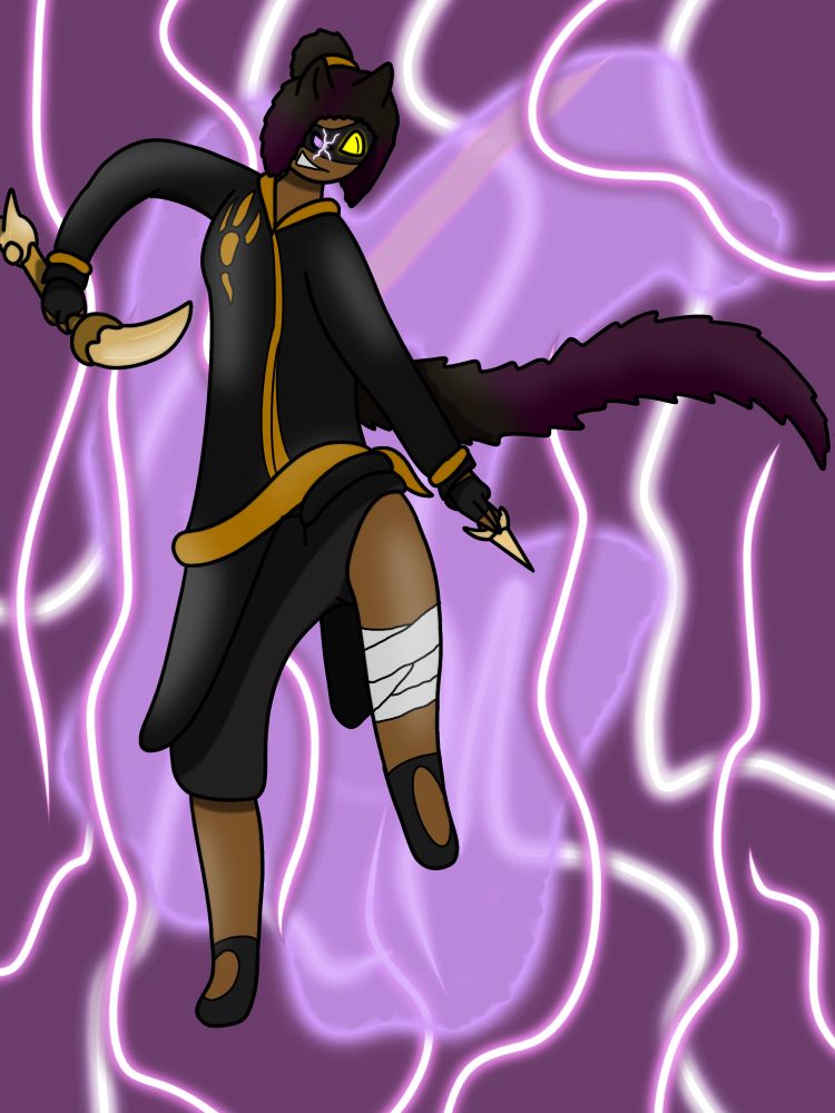 Amber in a cat stance with her dagger in one hand and a small kunai in another