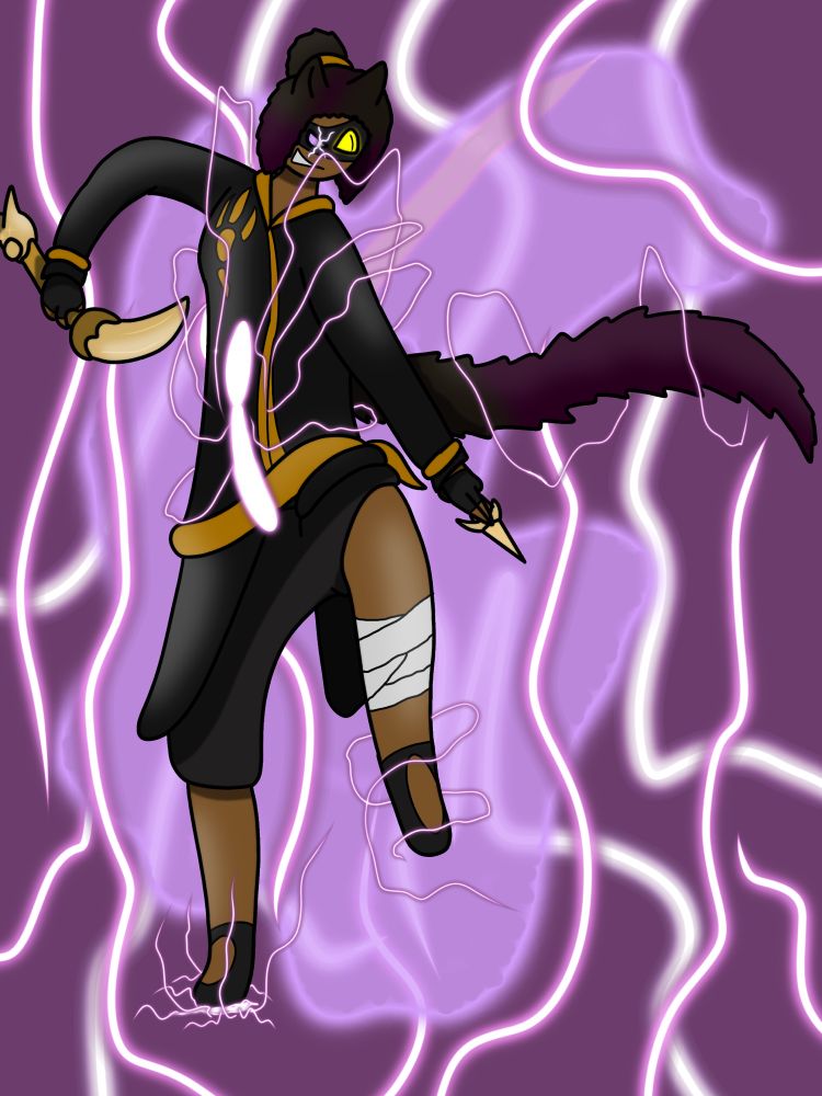 Amber in a cat stance with her dagger in one hand and a small kunai in another

Somewhat electrical lights are emanating from around her body as Forlorn half-possesses her, giving her two colored eyes