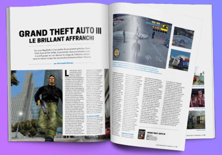 Extrait du hors série Génération PlayStation 2 du magazine JV où on peut voir sur la page de gauche une capture d'écran du héros de GTA III qui porte une arme et sur la page de droite différents extraits du même jeu.