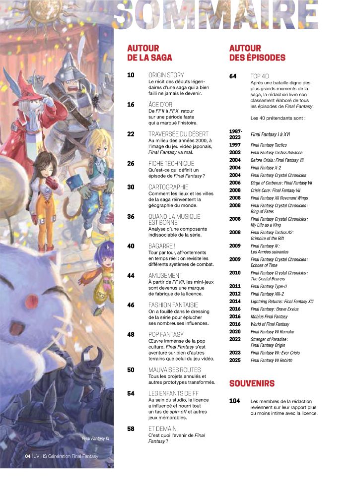 Le sommaire du hors-série Génération Final Fantasy avec une partie "autour de la saga" et une autre "autour des épisodes" avec un classement de 40 épisodes.