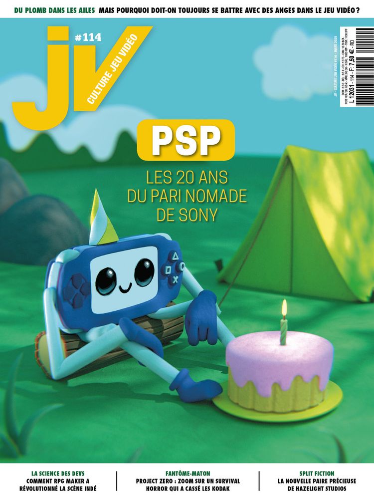 Couverture du magazine JV 114 titré PSP, les 20 ans du pari nomade de Sony. On voit une petite PSP en plein camping dans la nature, avec un grand sourire et des grands yeux, assise devant un gâteau d'anniversaire avec une tente en fond.