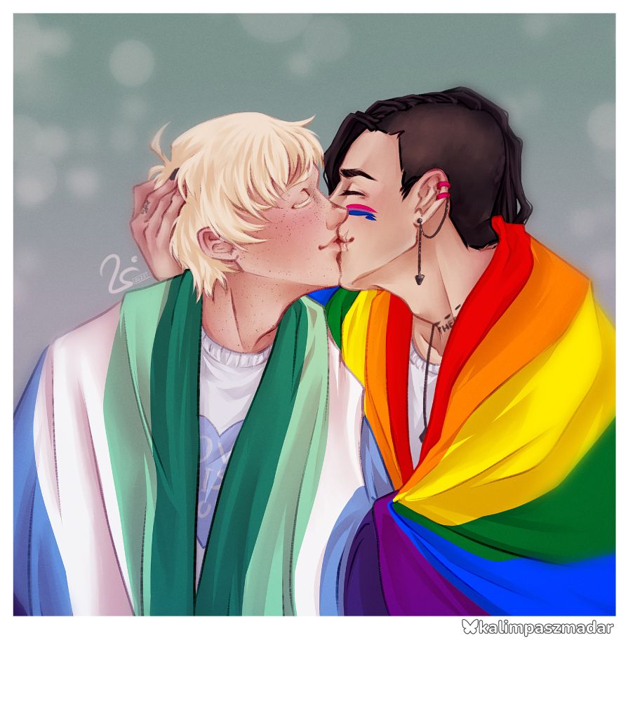 Drawing of my favorite gay boys, Isaac on the left with his messy blonde hair and cute freckled and blushing face clad in the gay flag. He is being kissed by Aiji on the right with black hair, a steak of bi colors painted on his cheek and holding the rainbow flag around him.