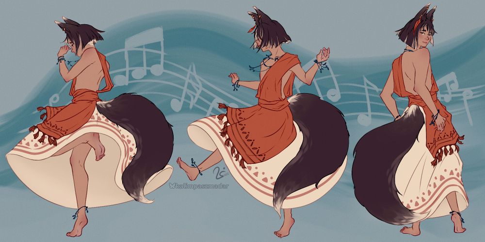 Drawing of original ttrpg character Izel, three full body drawings of him  dancing in a big skirt flowing and his fox tail swinging.