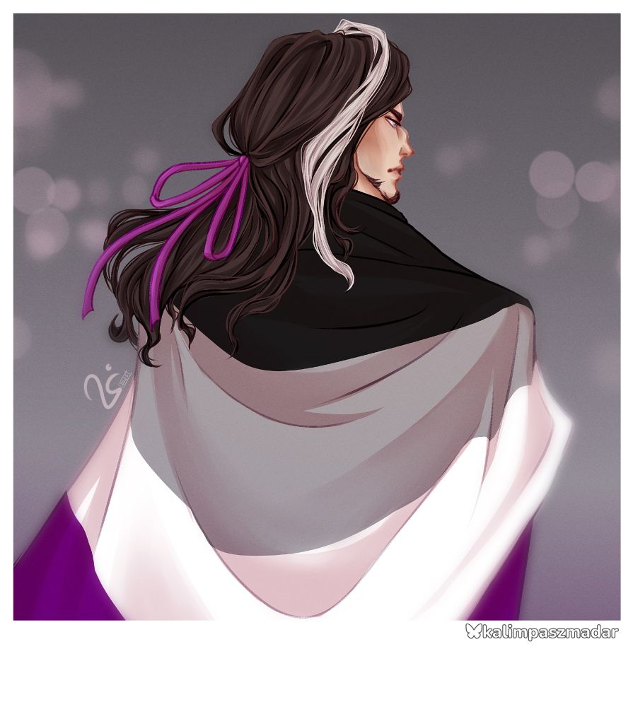 Drawing of Damian, standing with his back his face looking off to the side, hair swishing in the wind. He had a lilac bow in his hair and holds a asexual flag around him.