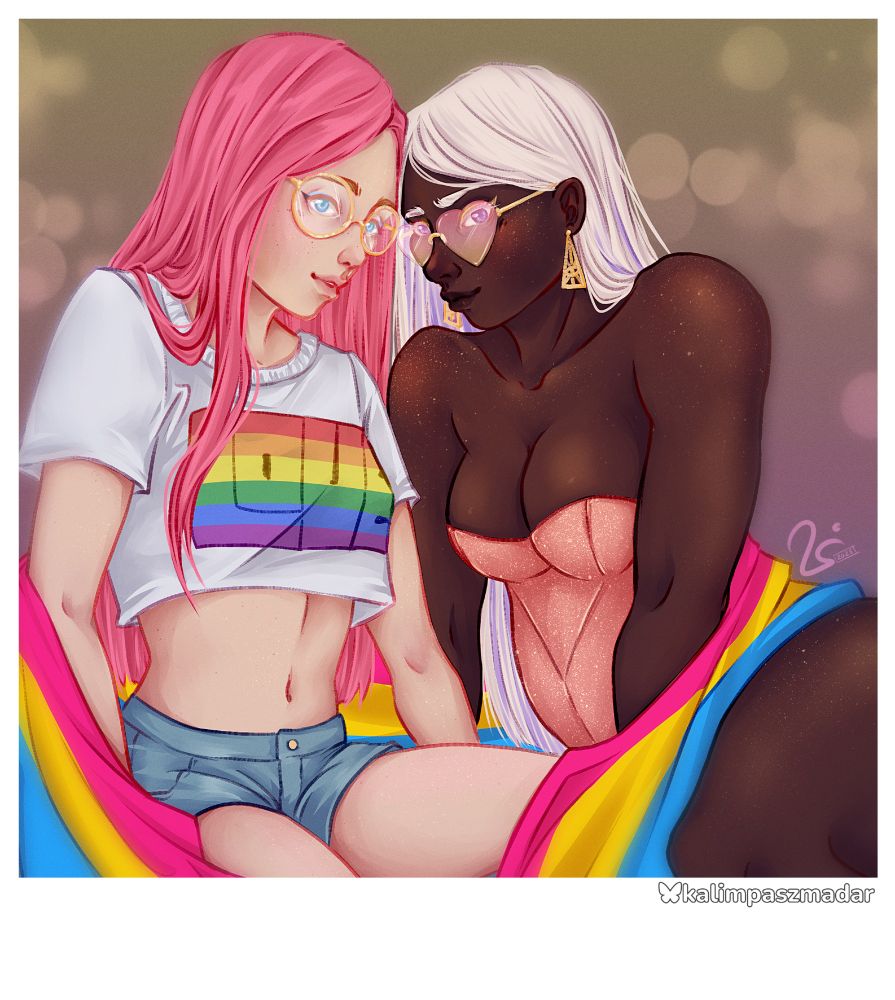 Drawing of two women sitting and leaning into eachother, a pan flag around them. On the left, Pink haired and light skinned Karin is sporting a white crop top with the word "love" in rainbow colors. On the right Eden, chocolate skinned and white haired with so many gold glitter and some heart shaped sunglasses.