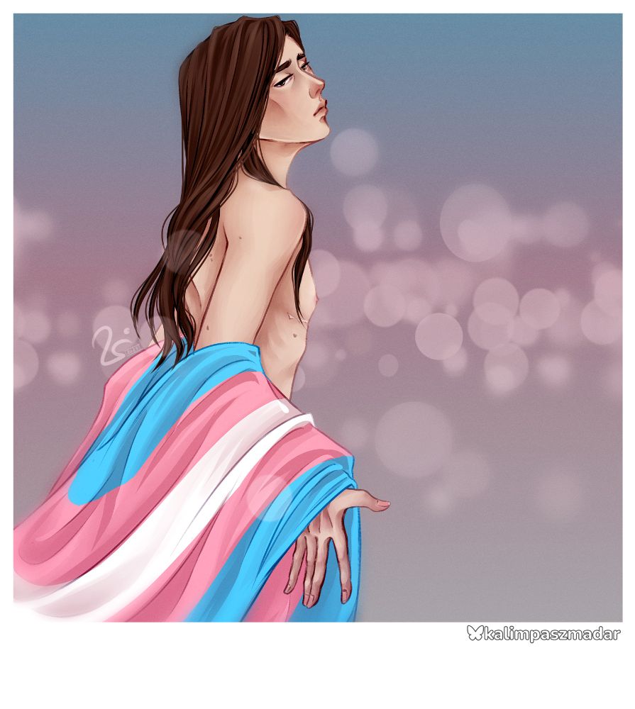 Drawing of Yakov clad only in his trans flag (lets pretend he has pants on) showing a hint of a to surgery scar. Brown hair and flag flowing behind him as he is shown from the side.