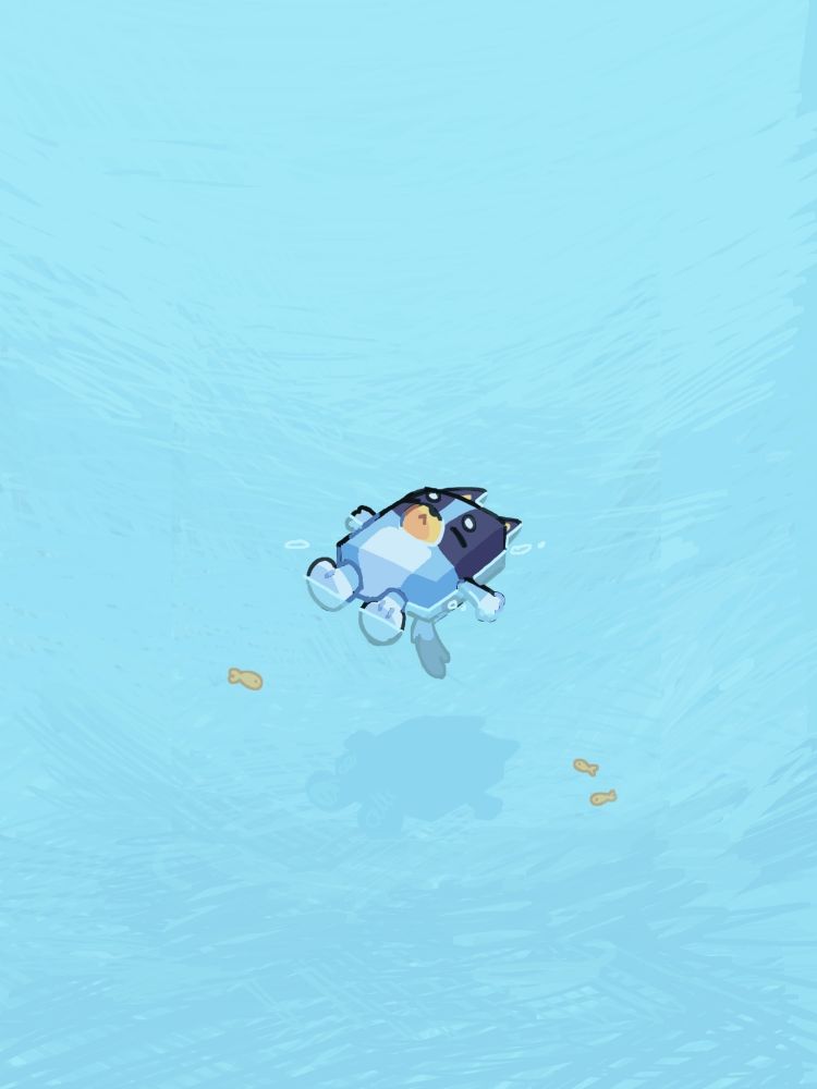 Bluey (uma cachorra azul que é personagem de um desenho infantil) está boiando em águas claras de olhos fechados, e próximo a ela a pequenos peixes, três no total. A imagem passa calmaria e também pode ser usada como papel de parede para celular. Infelizmente não me recordo o nome da artista que desenhou