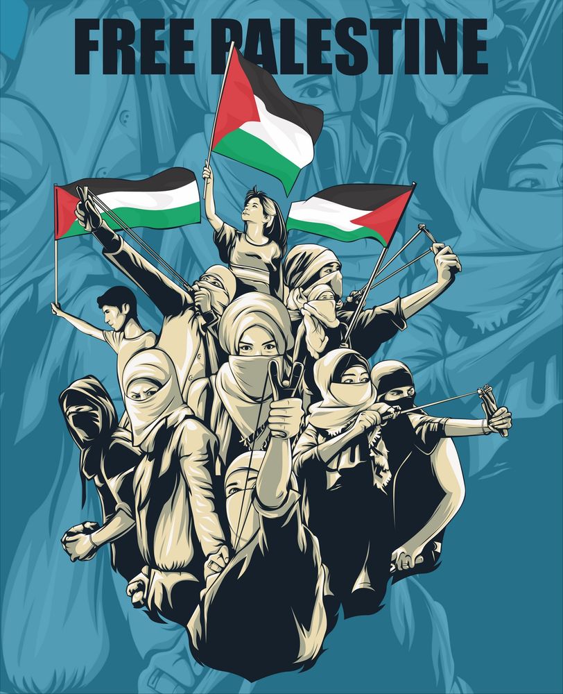 An Illustration of Palestinians standing defiantely in various poses, holding slingshots and three palestinian flags. "Free Palestine" is written above.