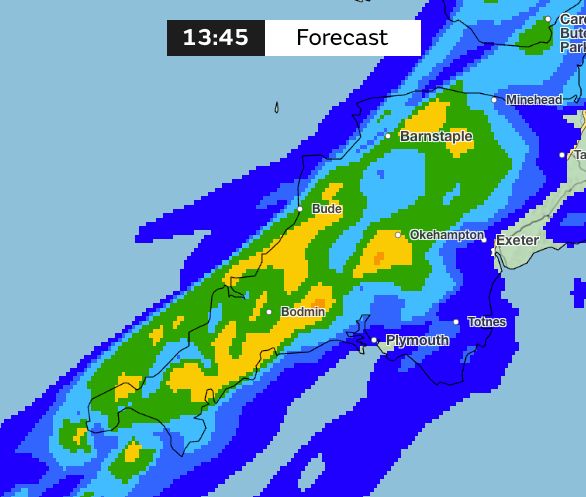 Screenshot of the Met Office map of forecasted rain show an intense band of rain passing over Cornwall and Devon in the middle of the day.