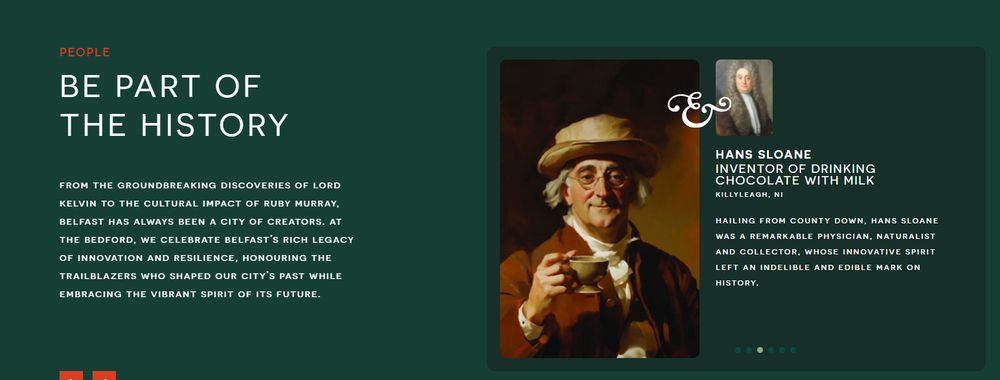 An image of Hans Sloane from the Bedford Hotel website captioned as "inventor of drinking chocolate with milk".