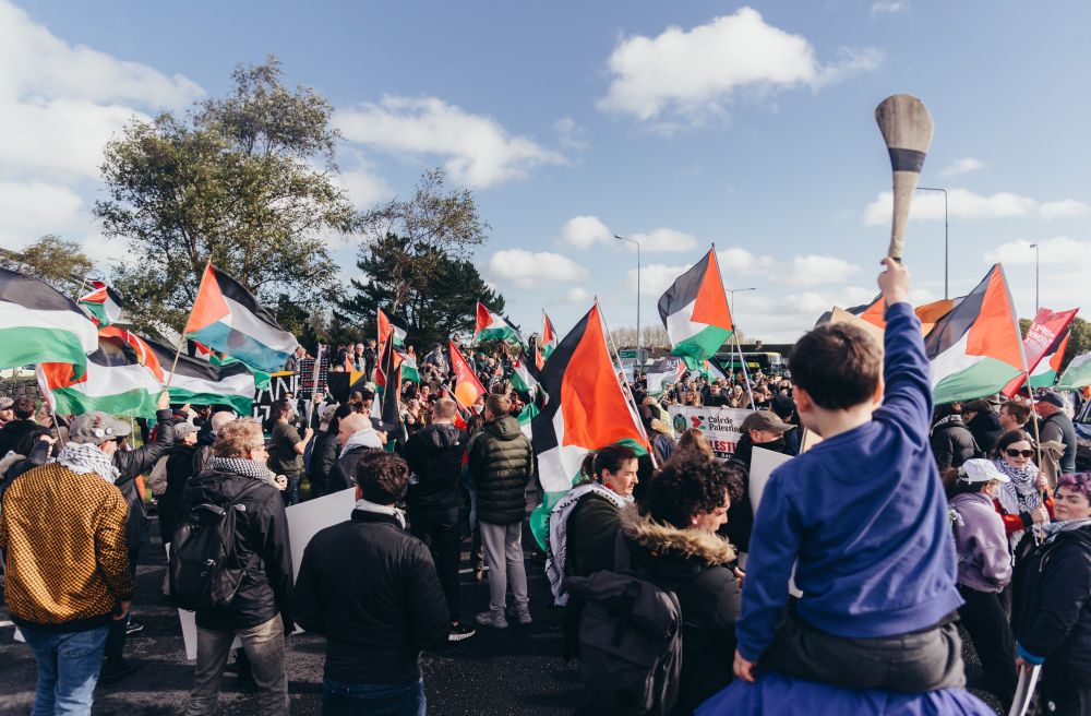 First Descend on Shannon protest, people ae gathered on a roundabout with banners and flags. In the foreground a child on his father's shoulders raises a hurl in the air.