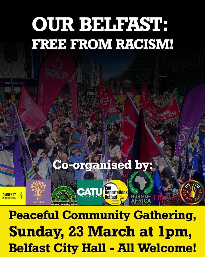 Poster graphic: Our Belfast - Free From Racism. Peaceful Community Gathering, Sunday 23 March at 1pm, Belfast City Hall - All Welcome.