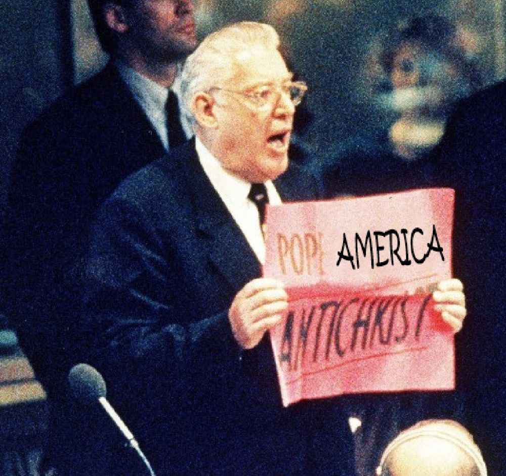 Rev Ian Paisley photoshopped to be holding a sign reading "Pope America Antichrist"