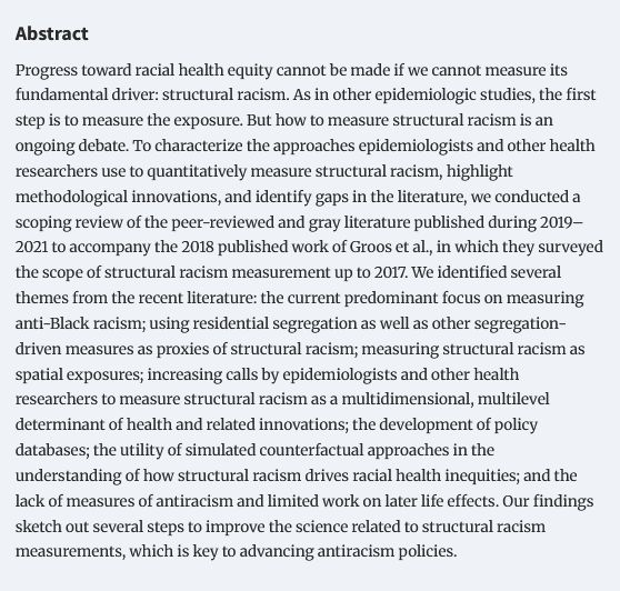 Progress toward racial health equity cannot be made if we cannot measure its fundamental driver: structural racism. As in other epidemiologic studies, the first step is to measure the exposure. But how to measure structural racism is an ongoing debate. To characterize the approaches epidemiologists and other health researchers use to quantitatively measure structural racism, highlight methodological innovations, and identify gaps in the literature, we conducted a scoping review of the peer-reviewed and gray literature published during 2019–2021 to accompany the 2018 published work of Groos et al., in which they surveyed the scope of structural racism measurement up to 2017. We identified several themes from the recent literature: the current predominant focus on measuring anti-Black racism; using residential segregation as well as other segregation-driven measures as proxies of structural racism; measuring structural racism as spatial exposures; increasing calls by epidemiologists and other health researchers to measure structural racism as a multidimensional, multilevel determinant of health and related innovations; the development of policy databases; the utility of simulated counterfactual approaches in the understanding of how structural racism drives racial health inequities; and the lack of measures of antiracism and limited work on later life effects. Our findings sketch out several steps to improve the science related to structural racism measurements, which is key to advancing antiracism policies.