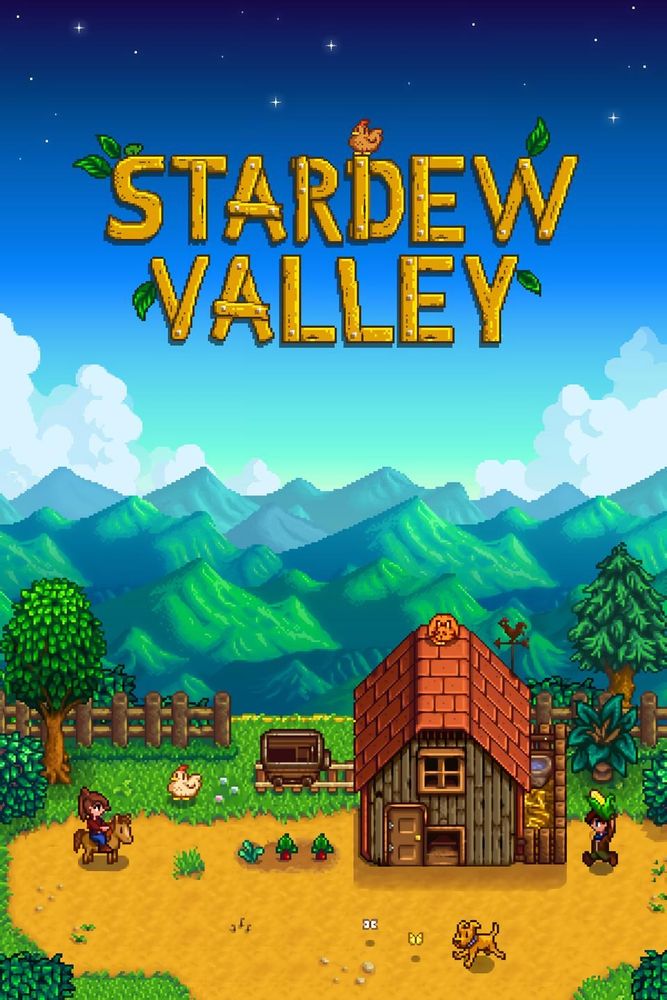 Stardew Valley box art. 

Title on sky, above in game farm. 