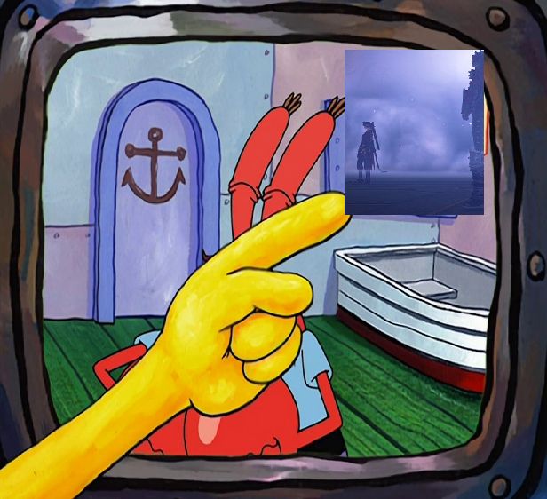 Spongebob Krusty Krab Commercial meme with the pointed image being a crop of the previous GPose, showing that Dewdrop - my WoL - is in the background