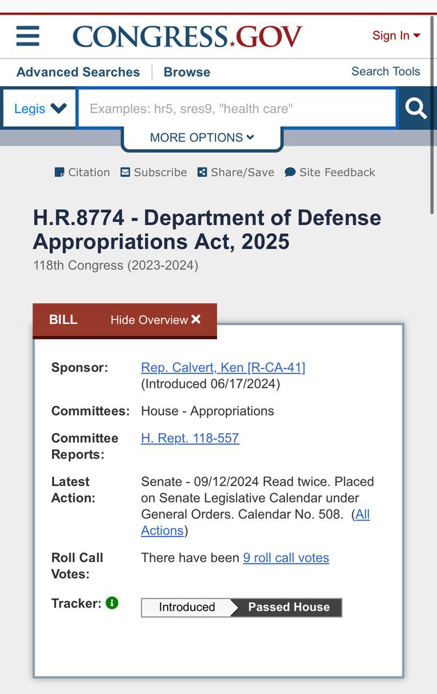 Screenshot of the Dept of Defense Appropriations vote