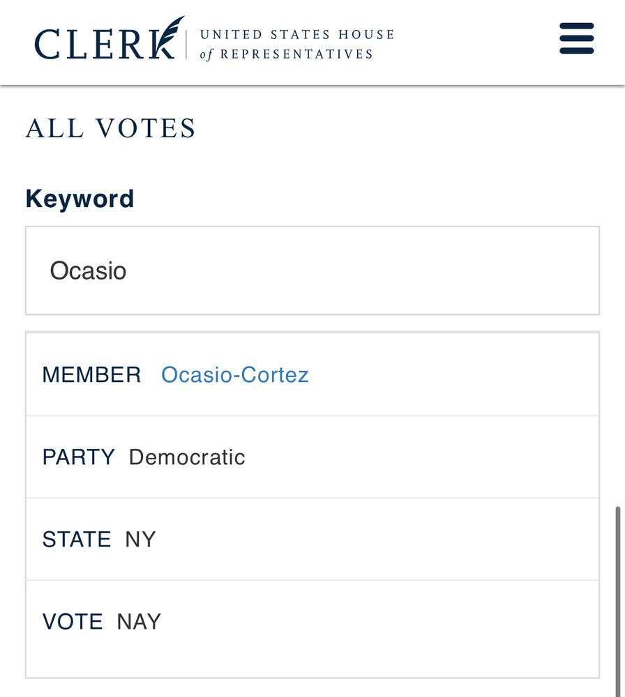 Screenshot of Rep. Ocasio-Cortez voting NAY