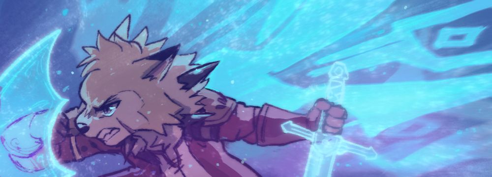 A pokemon in a ffxiv outfit. The pokemon is wolf-like with a scar on face, holding a glowing sword and shield.