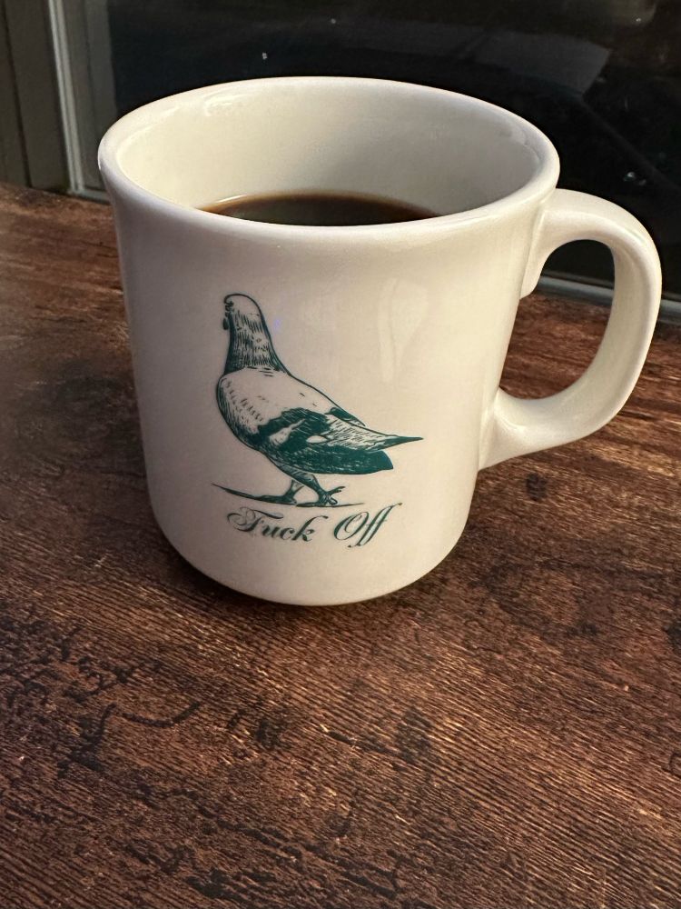 A ceramic coffee mug with a line drawing of a pigeon walking away, with the phrase "Fuck Off" in script below it.