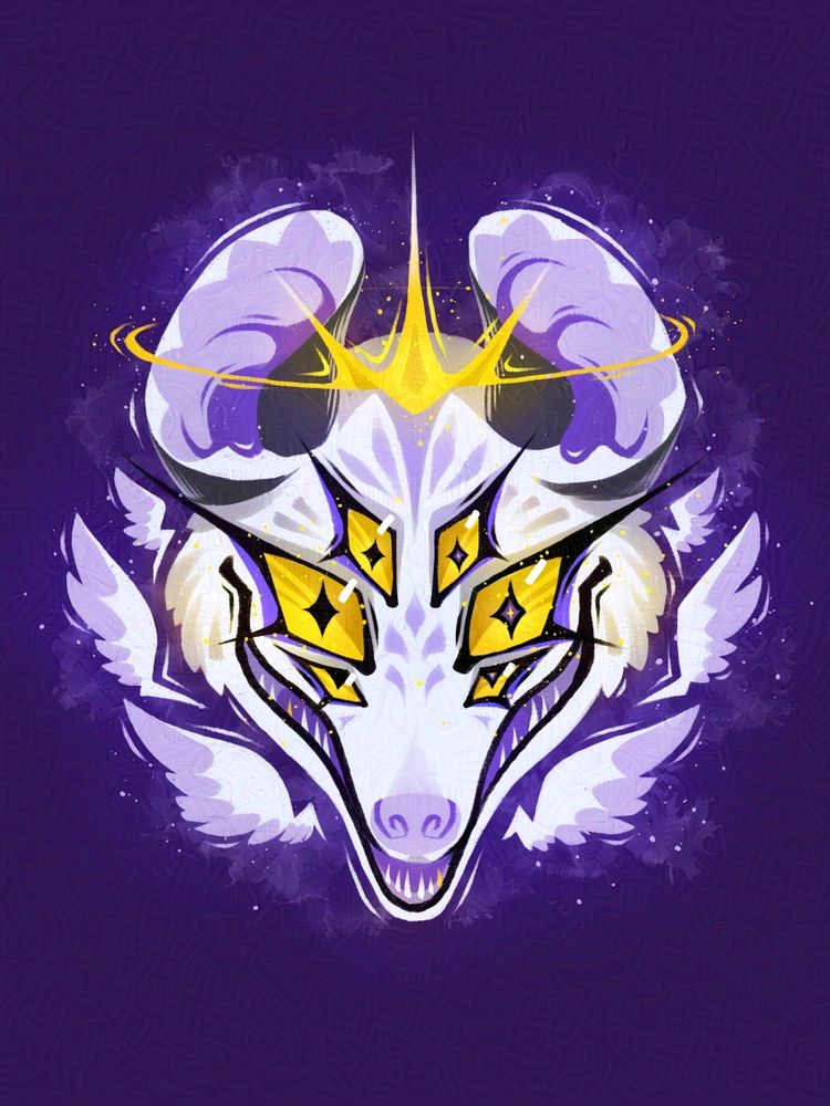  An opossum face with six eyes and a golden crown, all in nonbinary pride flag colors. 