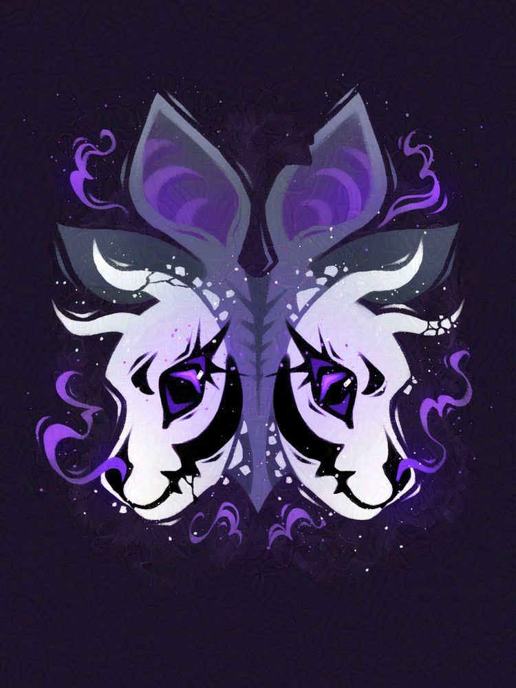 Portrait of a creature with two conjoined heads, viewed from the front. It has large, deer-like ears, gray fur, and horned skull faces resembling the shape of a canine's skull. The color scheme is from the asexual pride flag. 