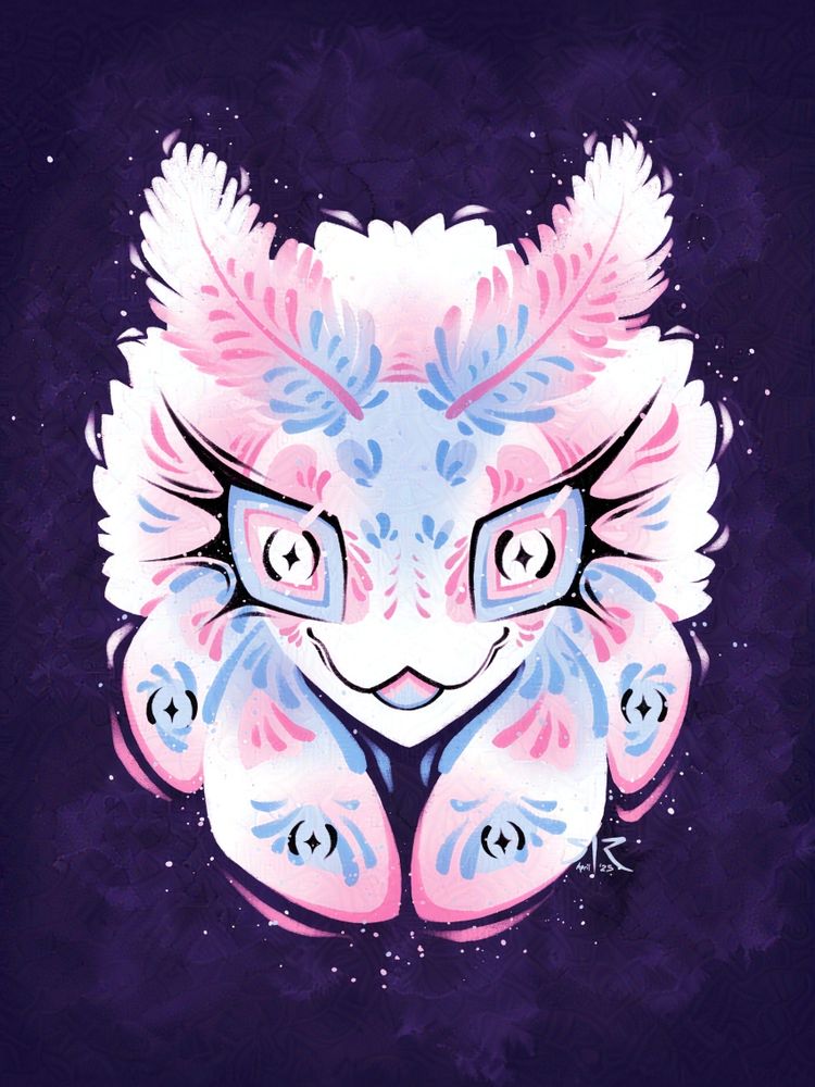 Front facing headshot illustration of a happy mothlike monster in Transgender Pride flag colors. 