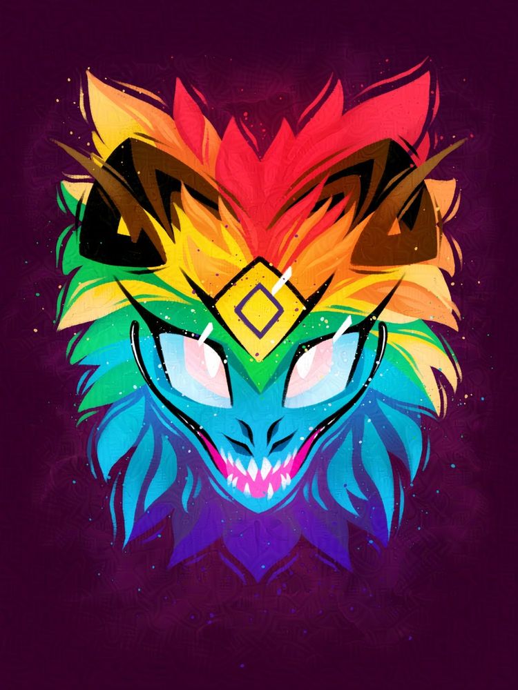 Front facing portrait of a dragon with curling horns and a thick mane of hair. it has three eyes. The center Eye is the intersex flag design. The other two eyes are trans flag colors. The horns are black and brown, the mane is rainbow. The whole design color scheme is based on the progress pride flag.
