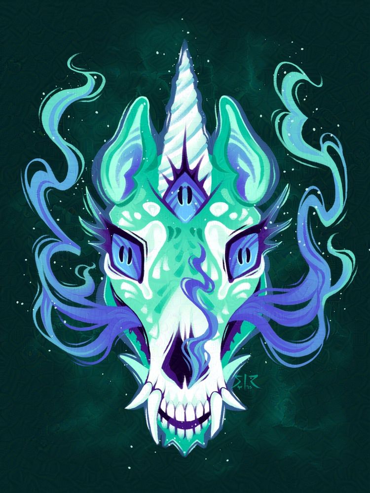 A front facing headshot illustration of an undead unicorn with three eyes and a skull like face in the colors of the gay pride flag. 