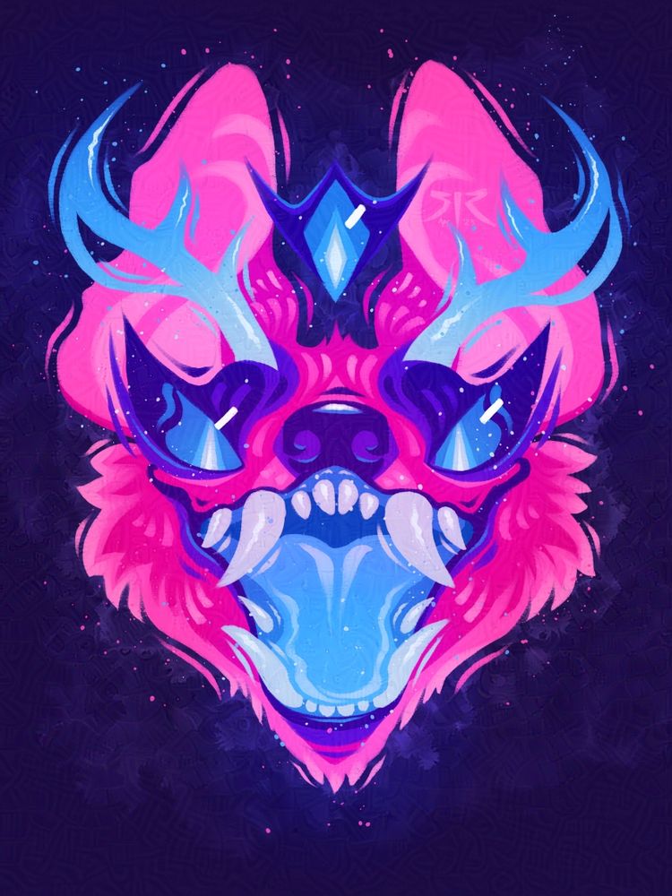 Front headshot illustration of a monster wolf with antlers and a floating third eye all in the bisexual pride flag colors scheme. 