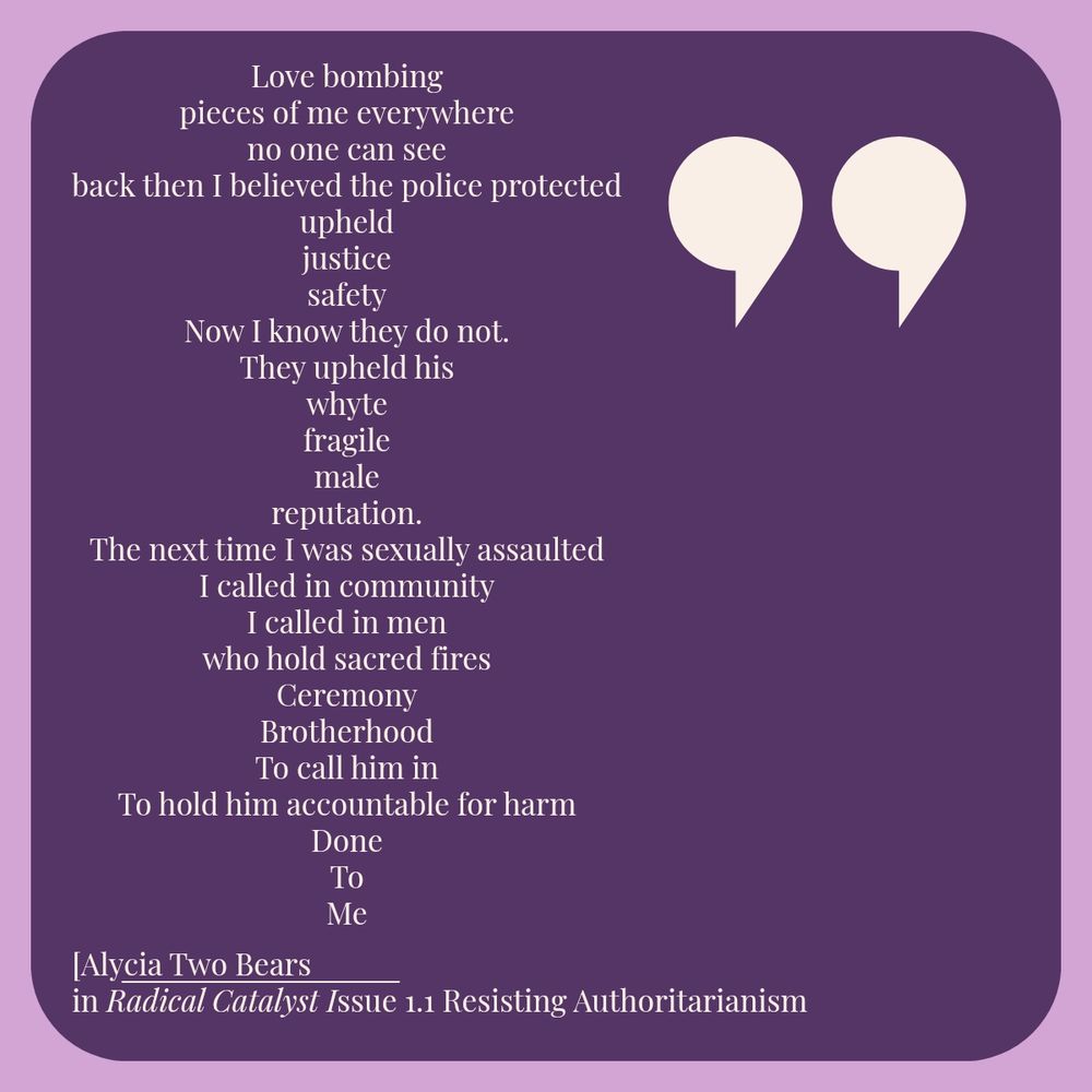 A dark purple box sits inside a border of a light purple. White quotation marks are on the top right hand side of the box. Light purple words share a poetry of domestic violence. Below the poem is the authors name and the issue of the magazine it is featured in.