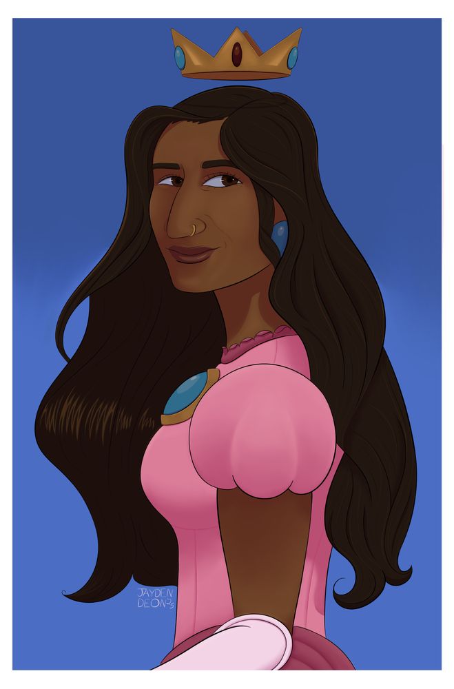 Portrait drawing of comedian and actress, Arasha Lalani, as Princess Peach. Her shoulders are turned to the left of the page with her head turned toward the viewer with a smile. Her gold crown with red and aqua inlaid stones floats above her head.