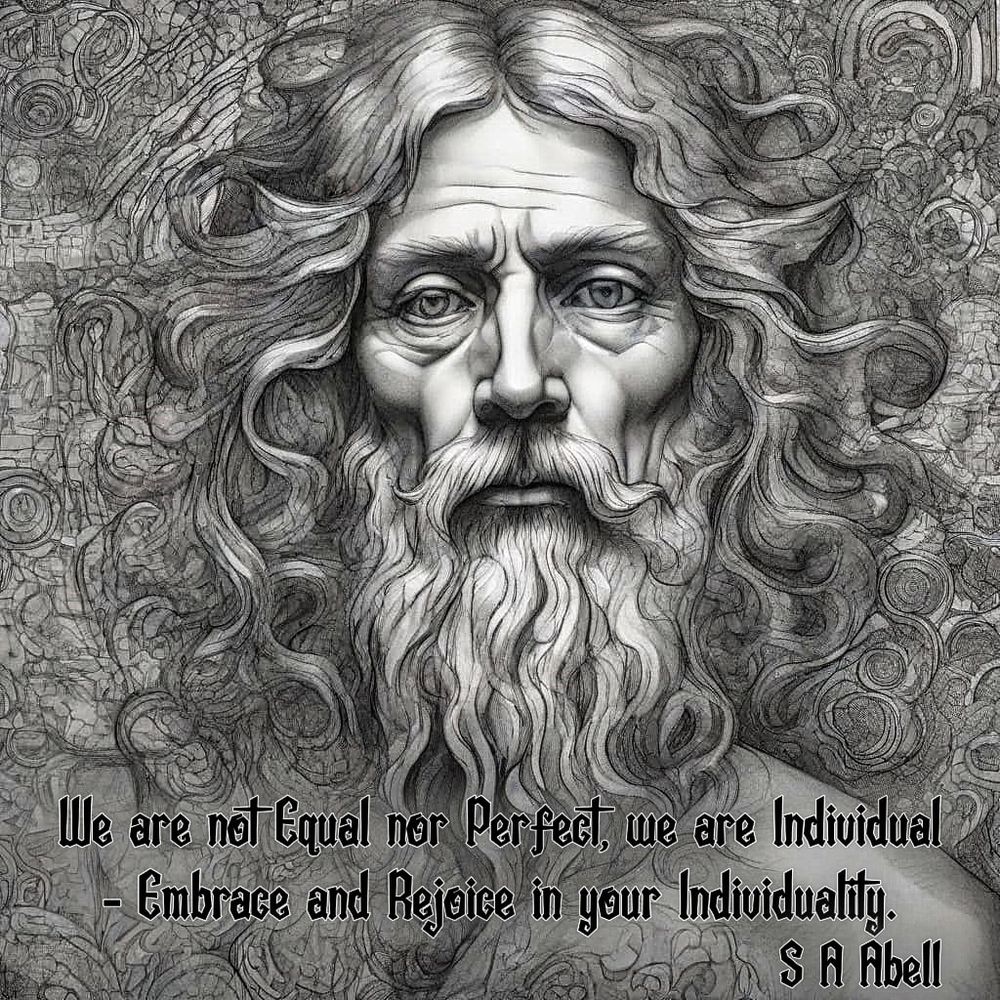 The image is a detailed, monochromatic illustration - a charcoal or graphite drawing. It features a striking, head-on portrait of an older man with a deeply wrinkled face, a long, flowing beard, & wild, wavy hair that frames his head like a halo. The intricate details of his hair and beard are rendered with fine, swirling lines. He looks directly at the viewer with a piercing, intense gaze; his expression is serious & solemn. The background is an elaborate, complex tapestry of abstract, swirling patterns & glyph-like symbols. This intricate background gives the portrait a sense of profound depth & timelessness, as if the figure is emerging from a cosmic or spiritual realm.

A quote overlays the image that reads, "We are not Equal nor Perfect, we are Individual - Embrace & Rejoice in your Individuality. S A Abell." The quote and the portrait work to create a powerful message. The man's craggy, imperfect face embodies the very wisdom of the message, suggesting that true beauty & strength lie not in perfection or sameness, but in the unique and individual marks of a life lived. The combination of the solemn, almost-saintly figure with the message of self-acceptance and rejoicing in one's unique identity makes for a contemplative and inspiring piece.

Using a monochromatic colour palette & intricate line work dramatically enhances the image's overall message by focusing the viewer's attention & adding symbolic weight.

The lack of colour removes distractions, forcing the eye to concentrate on the form, texture, & emotional depth of the subject. Every wrinkle &  strand of hair becomes more pronounced, emphasising his age and wisdom. This technique, often found in classical art, lends a timeless & serious quality to the portrait, elevating the figure from a simple sketch to a profound, almost philosophical, presence. The detail within the image adds visual complexity mirroring the message's meaning that individuality is no simple concept but a rich, intricate tapestry.