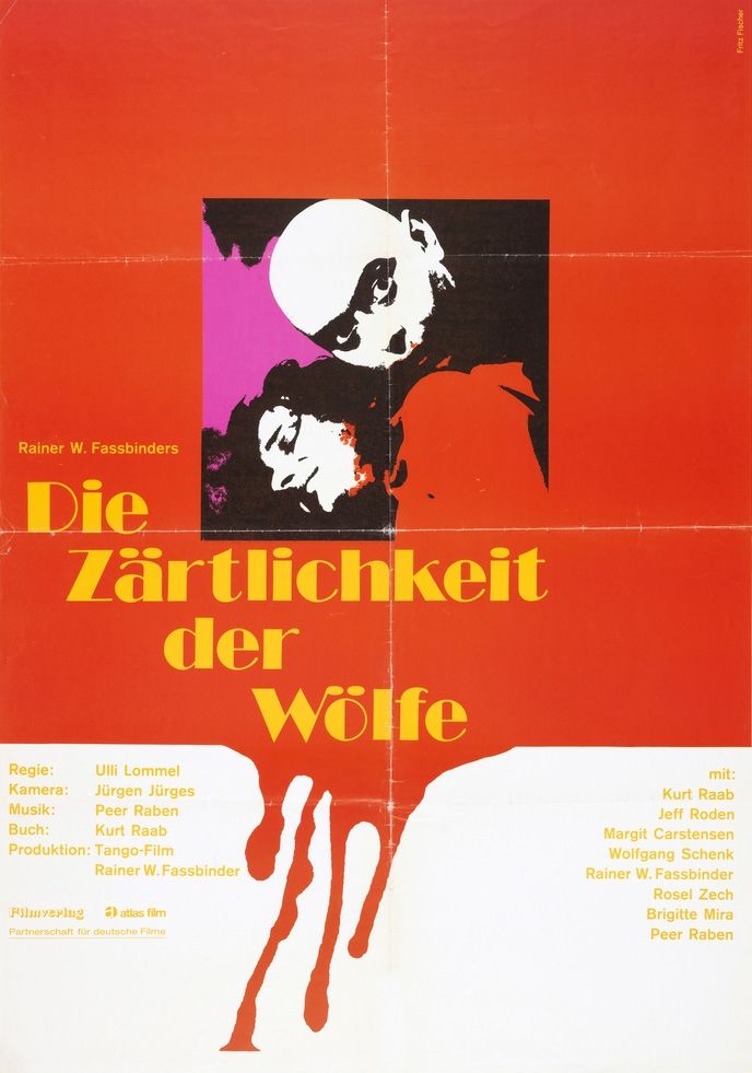 German theatrical release poster.  Red square drips blood inside which a smaller square shows Kurt Raab being distracted while he bites the neck of his victim.