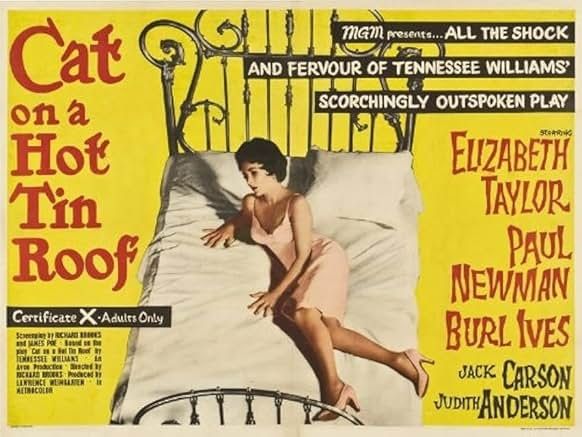 Bright yellow film poster with red text. Elizabeth Taylor lies on an ornate brass bed in a pink dress surveying the empty space next to her.