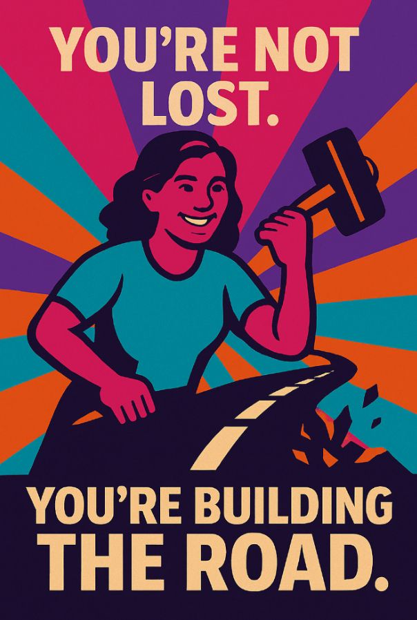 An illustrated poster of a smiling woman holding a sledgehammer while building a road. Radiating rays of orange, purple, and blue surround her. The text reads: "You're not lost. You're building the road."