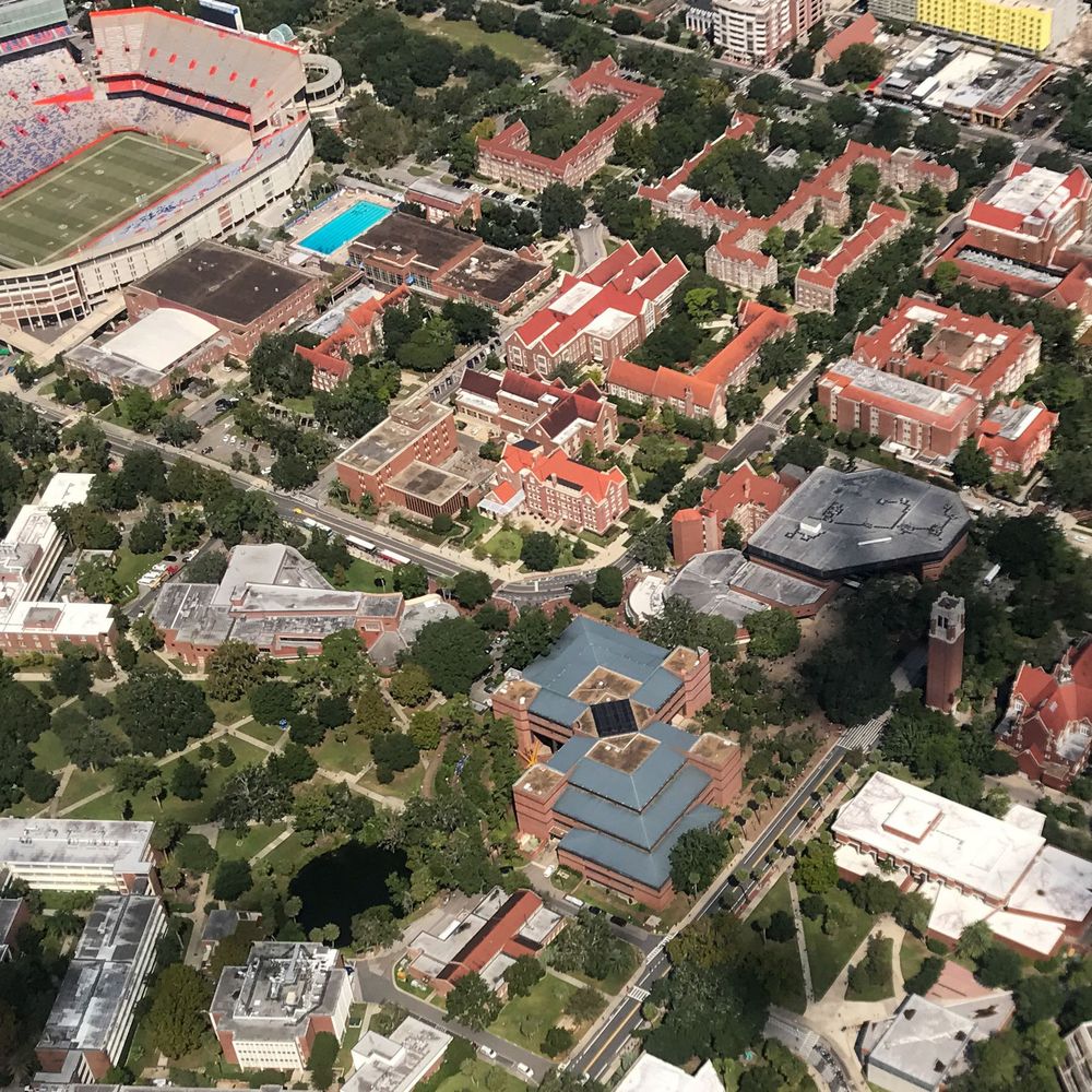 A view of the University of Florida campus from a small plane flying overhead