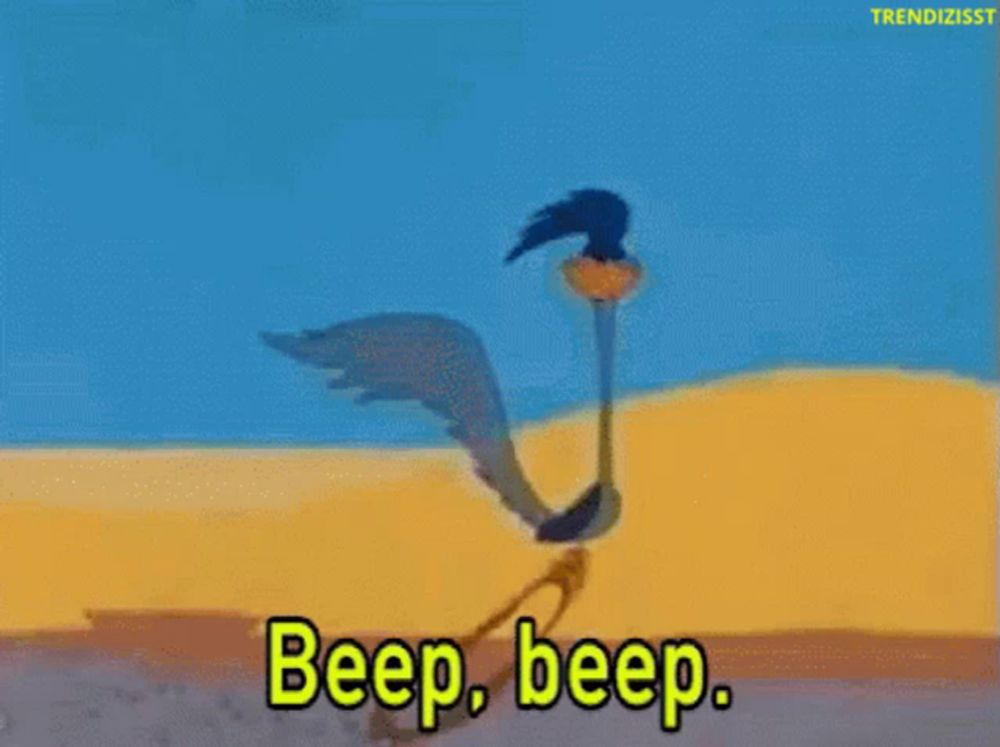 a cartoon character says beep beep in a desert