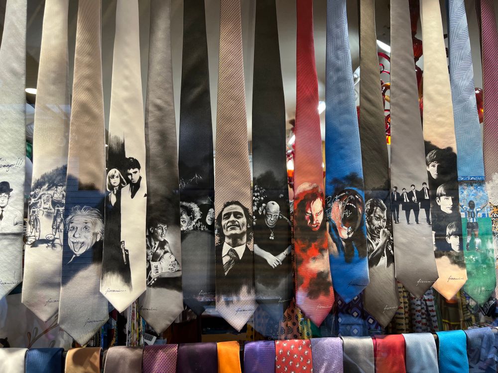 Hand painted ties featuring (among others) Einstein (tongue out, natch), Scarface couple, Rocky Balboa, Young Frankstein and Igor, The (Joaquin) Joker, Dom from 2F2F, Jack Torrance, the face from The Wall, Freddie Mercury, Res Dogs walking, the Beatles, etc 